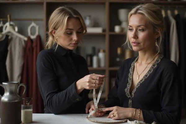 Fit consultant pinning a client during a bespoke fitting session