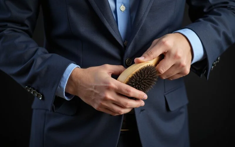 Brushing suit jacket with natural bristle clothes brush