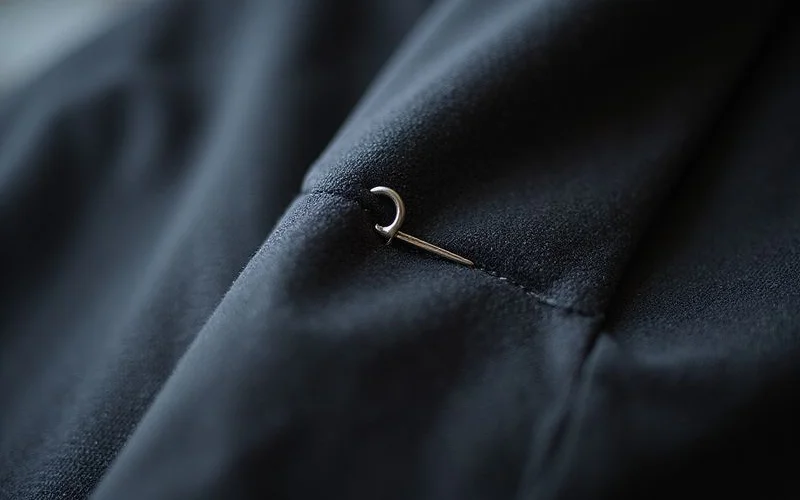 Hand sewn buttonhole in progress with needle and silk thread