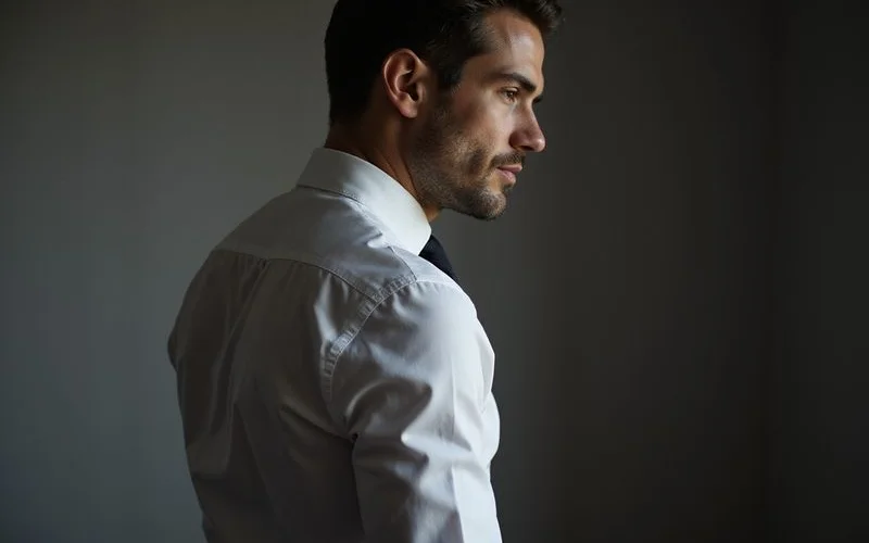 Side view of dress shirt showing proper body fit without billowing