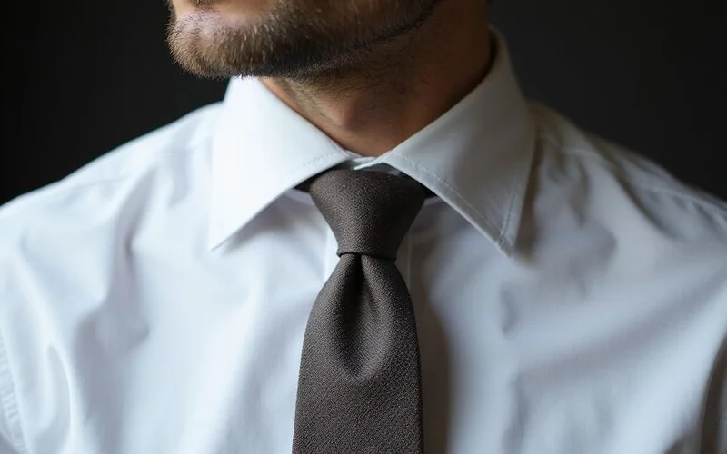 Spread collar dress shirt with windsor knot tie