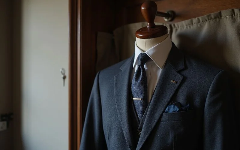 Suit hanging in garment bag for travel protection