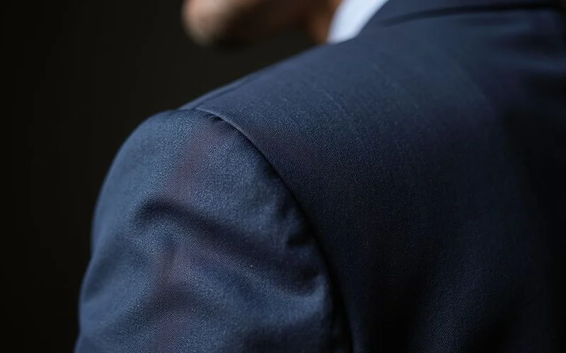 Suit jacket shoulder seam detail showing proper alignment