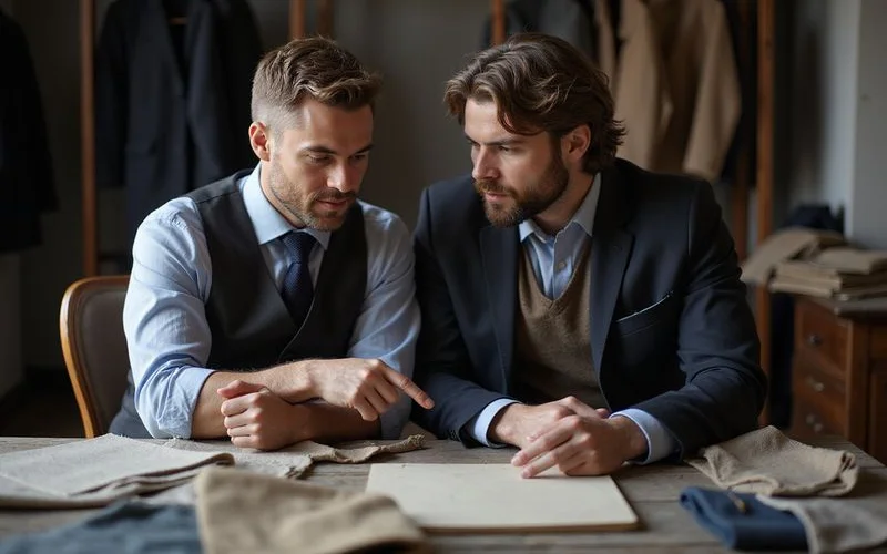 Tailor discussing fabric options with client over fabric swatches