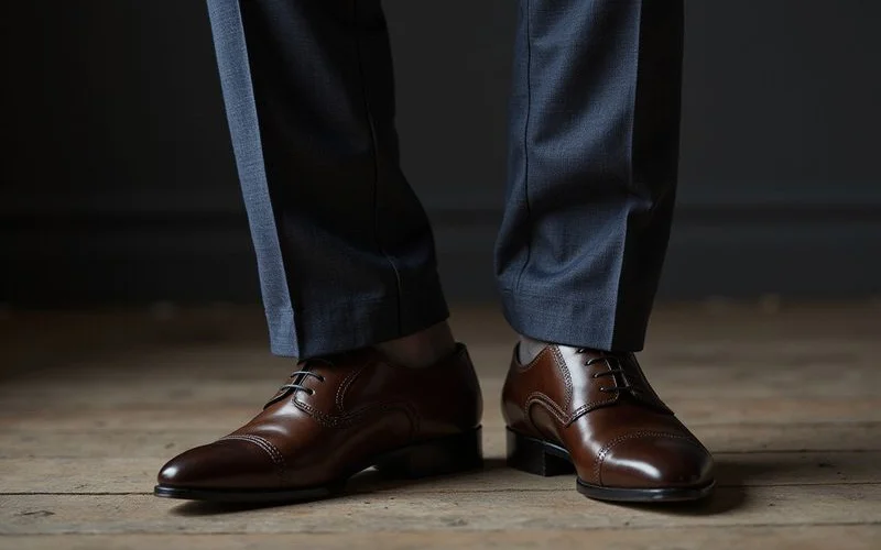 Trouser hem showing half break over dress shoes