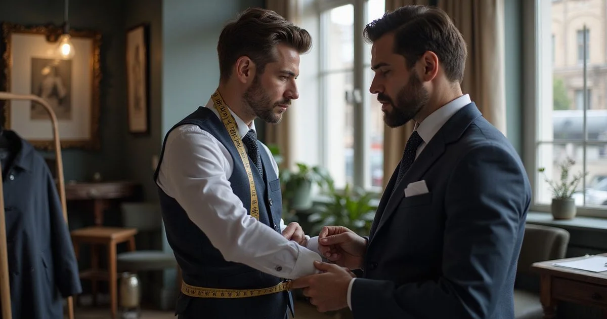 Client consultation for first bespoke suit fitting