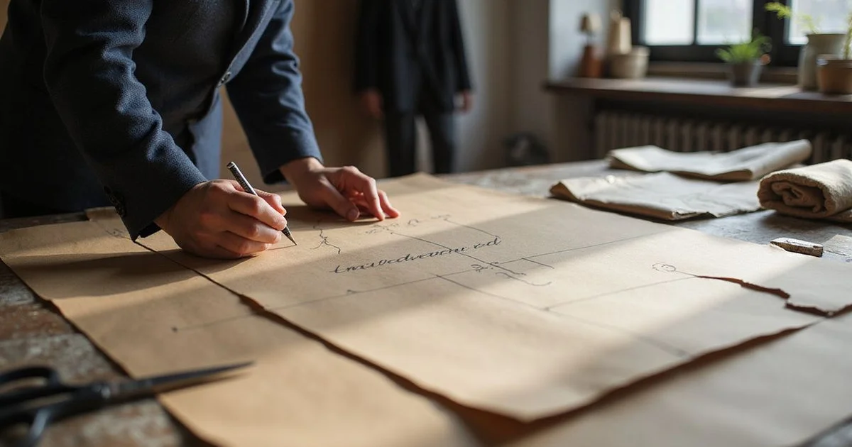 Bespoke paper pattern being drafted by tailor