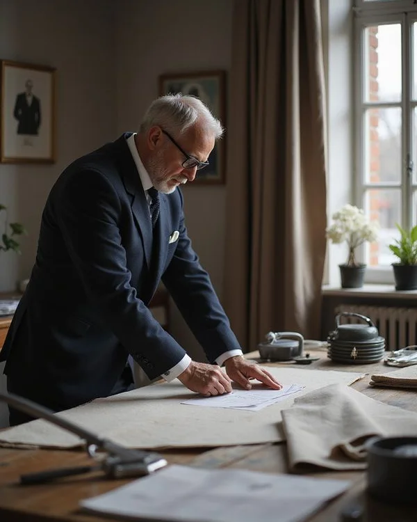 Master tailor at the cutting table in the Lanwin Tailor Petaling Jaya workshop