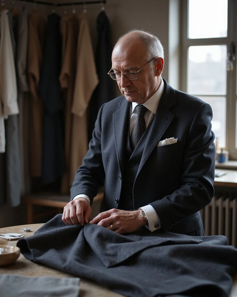 Master tailor measuring fabric in the Lanwin Tailor Petaling Jaya workshop